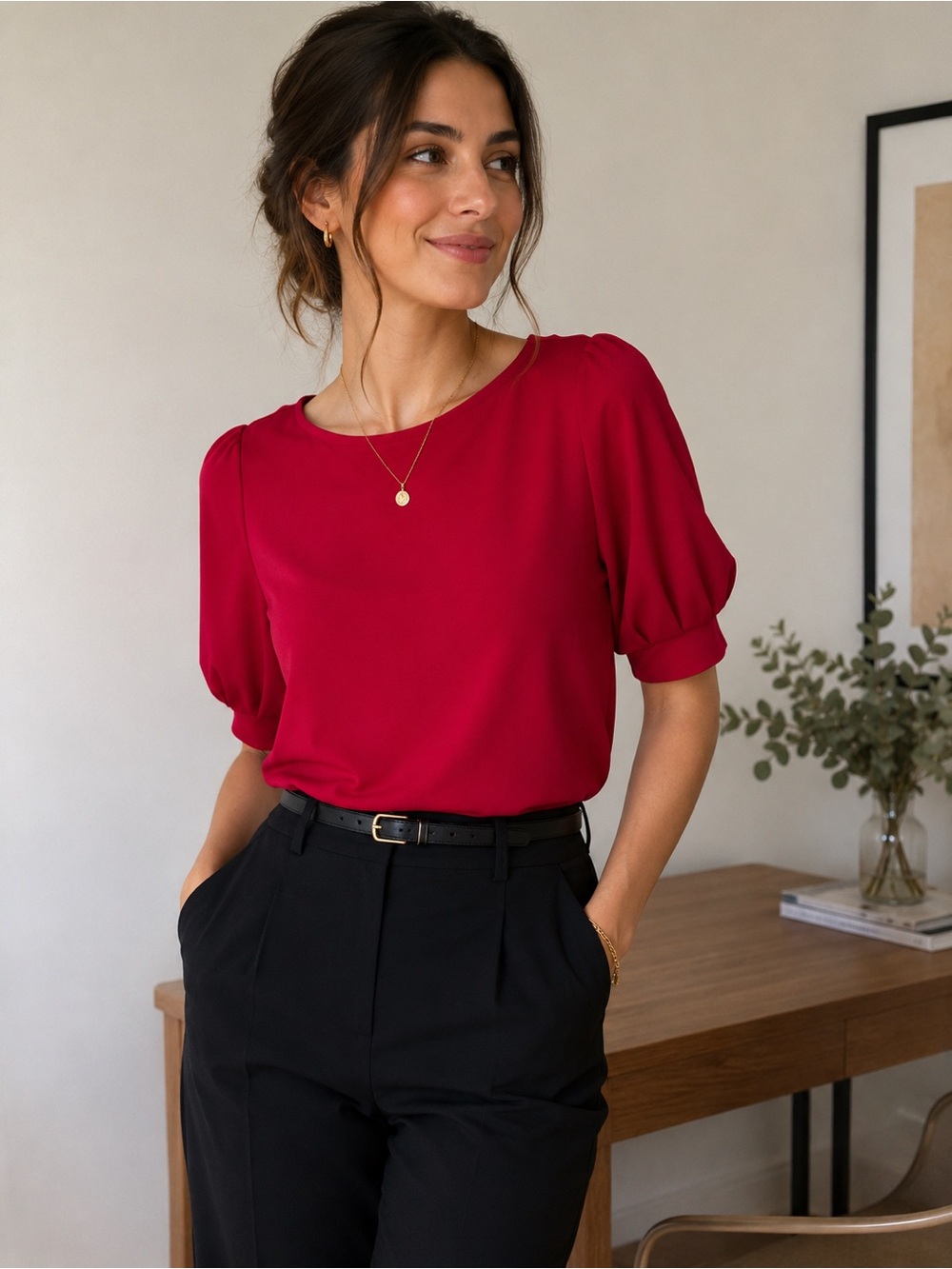 H&M Red Puff-Sleeve Blouse - Sleek Round Neck Top